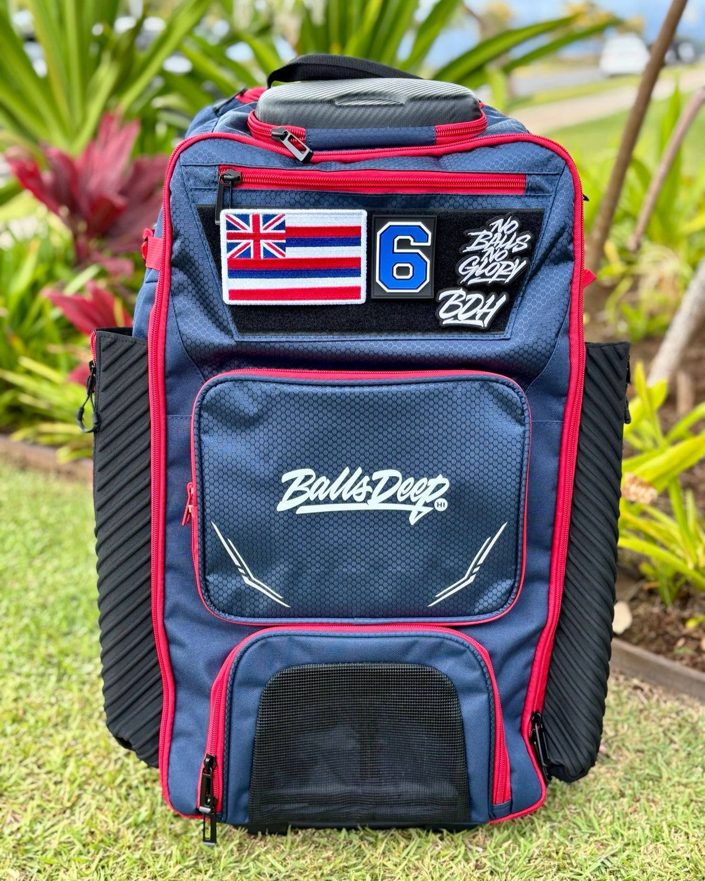 NavyBlue/Red Balls Deep HI Rolling Travel Baseball Bag