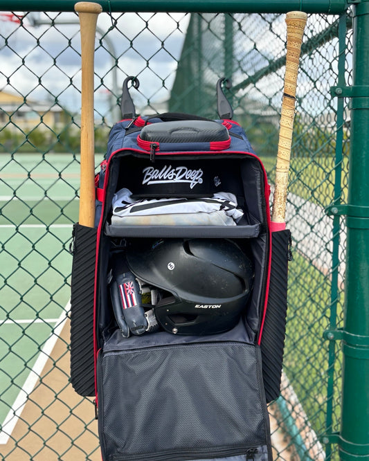 NavyBlue/Red Balls Deep HI Rolling Travel Baseball Bag