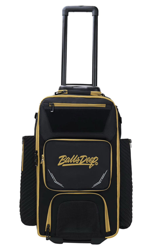 Balls Deep HI Black/Gold Rolling “Travel” Baseball Bag