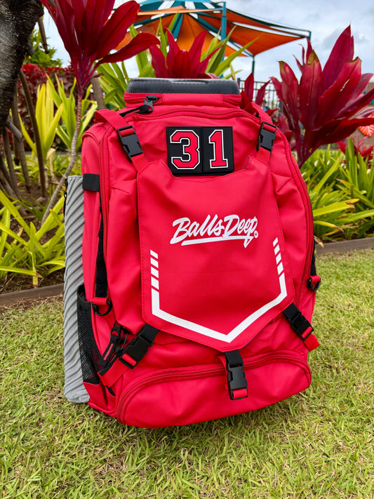Balls Deep HI Scarlet Red Baseball Backpack